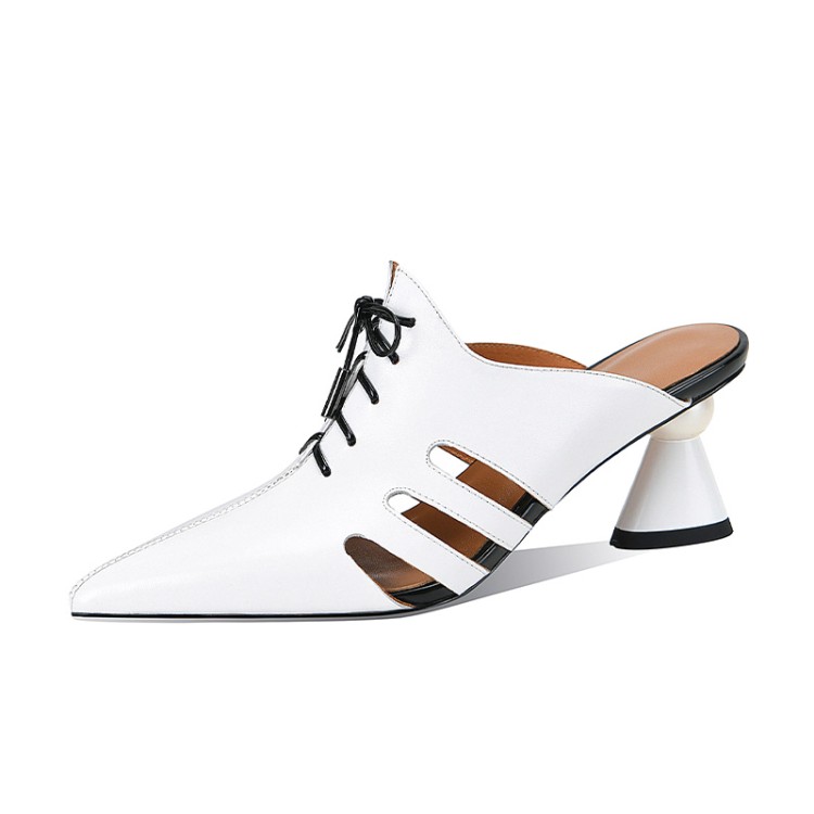 Women's White Leather Closed Toe Mid Heel Slippers