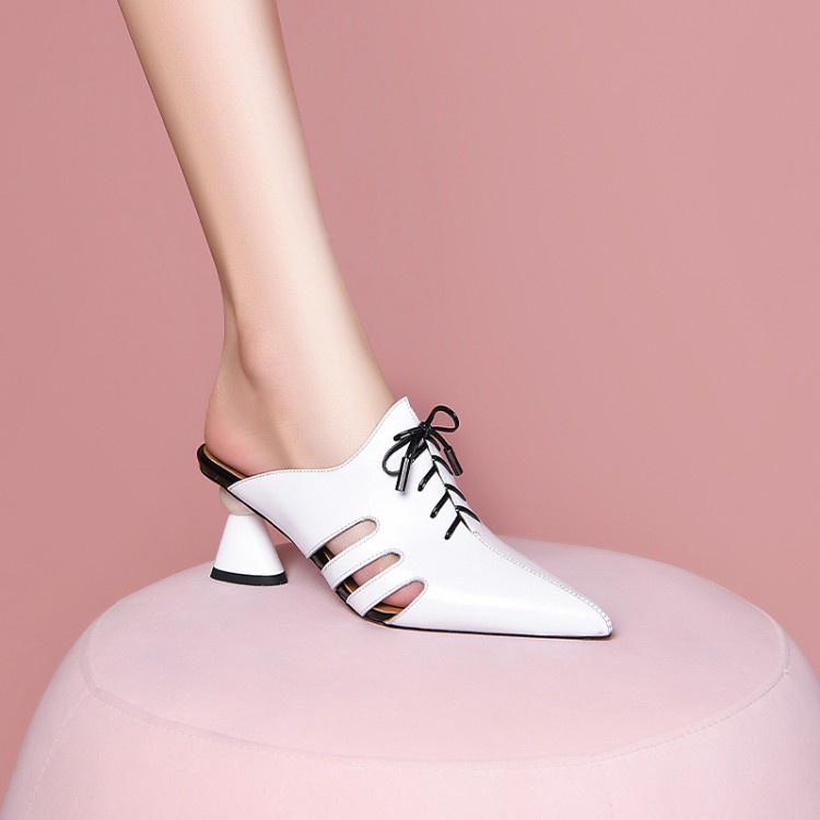 Women's White Leather Closed Toe Mid Heel Slippers