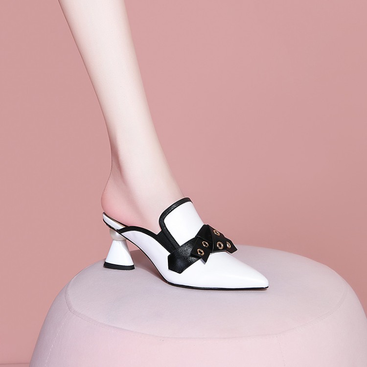 Women's White Leather Closed Toe Slippers with Mid Heel
