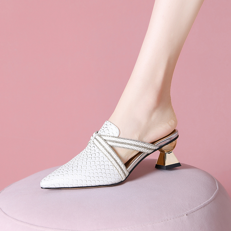 Women's White Leather Closed Toe Slippers with Rhinestone Mid Heel