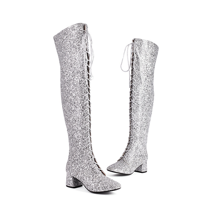 Women's Over-the-Knee Sequin Fashion Boots with Chunky Mid Heel