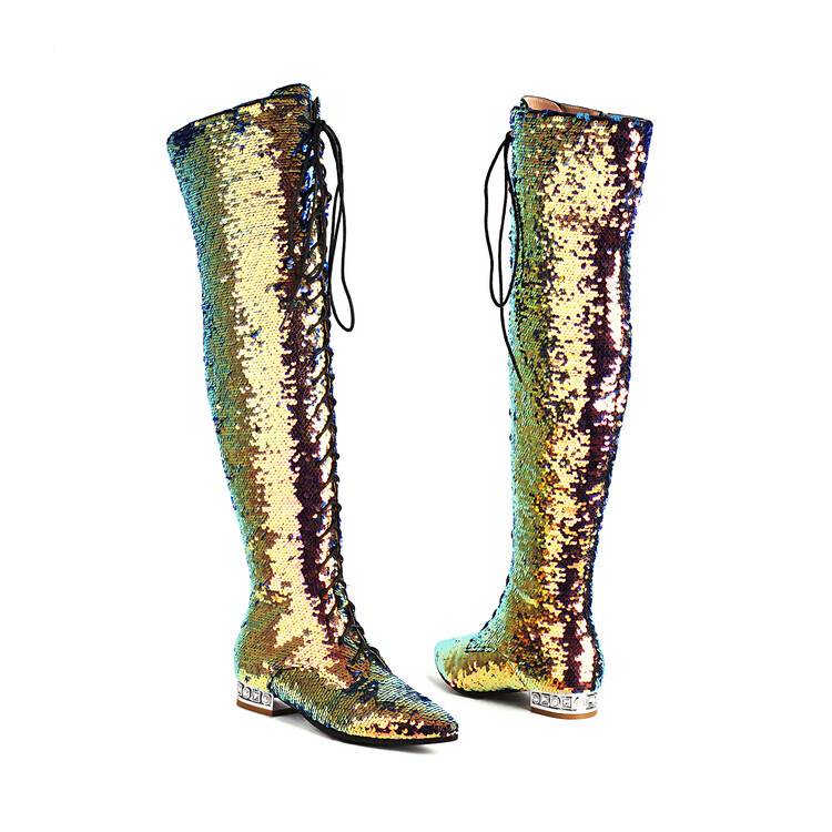 Sequin Over-the-Knee Fashion Boots with Chunky Heel