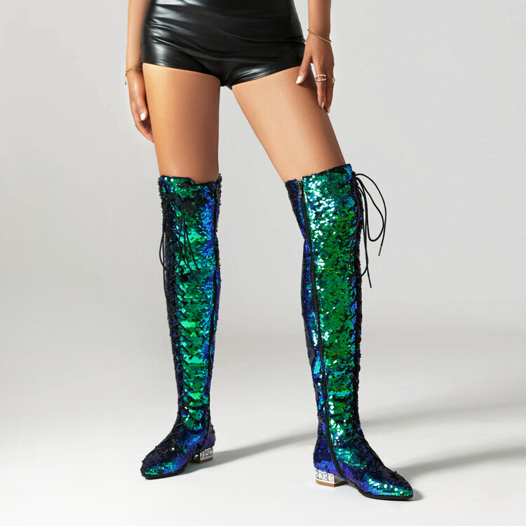 Sequin Over-the-Knee Fashion Boots with Chunky Heel