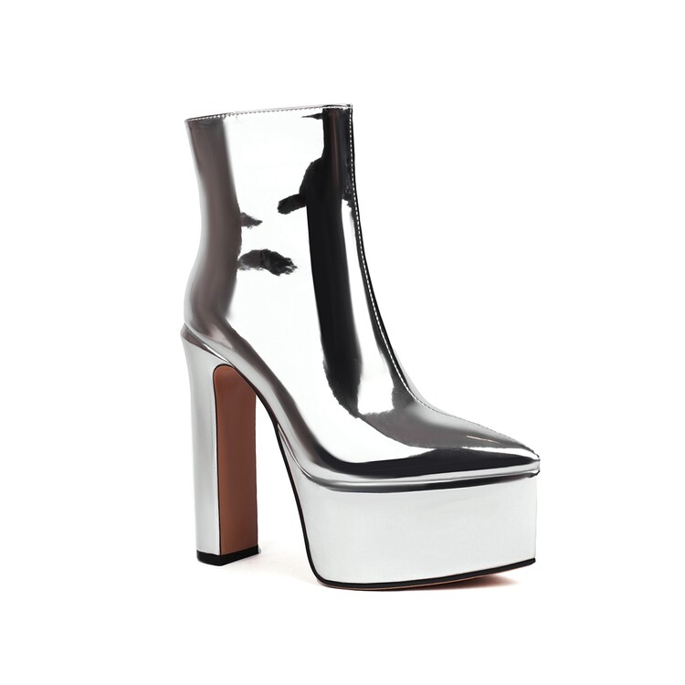 Women's Pointed Toe Chunky Heel Platform Ankle Boots with Metallic Accents