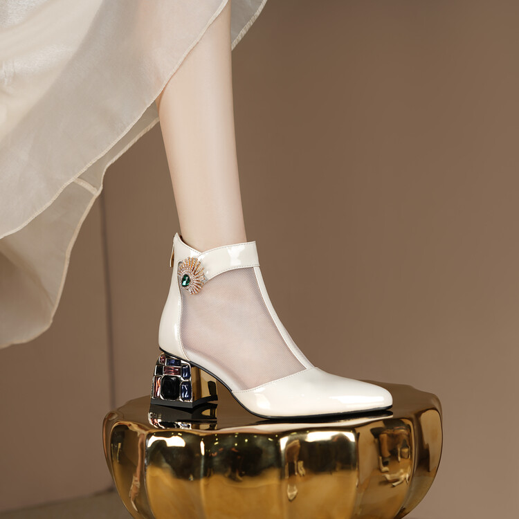 Patent Leather Pointed Toe High Heel Chunky Heel Sandal Boots