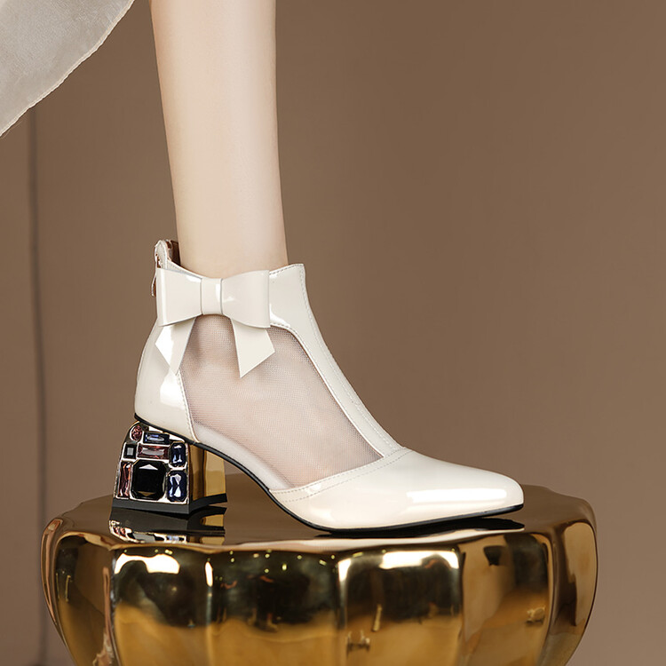 Patent Leather Pointed Toe Chunky High Heel Sandal Boots