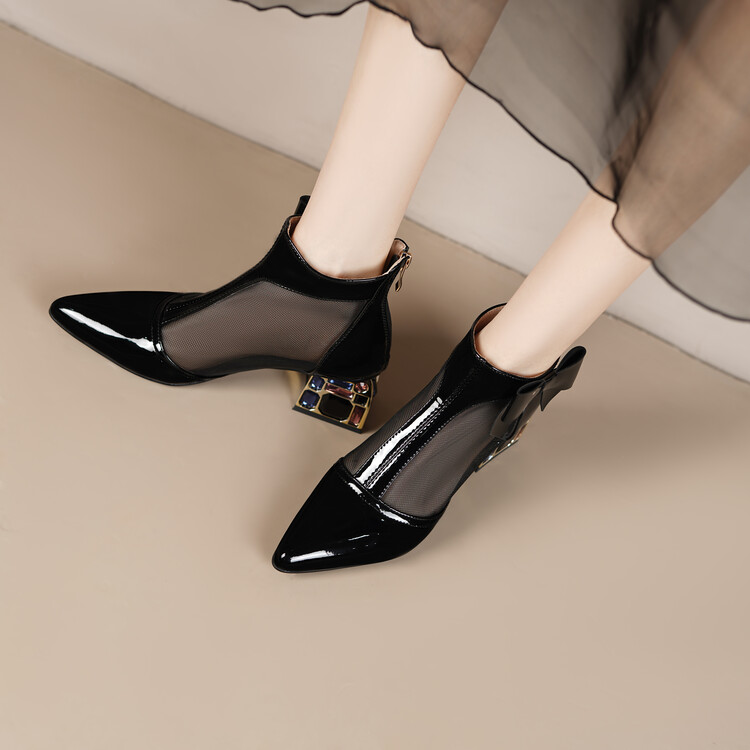 Patent Leather Pointed Toe Chunky High Heel Sandal Boots