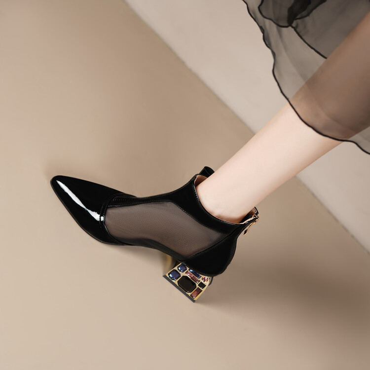 Patent Leather Pointed Toe Chunky High Heel Sandal Boots
