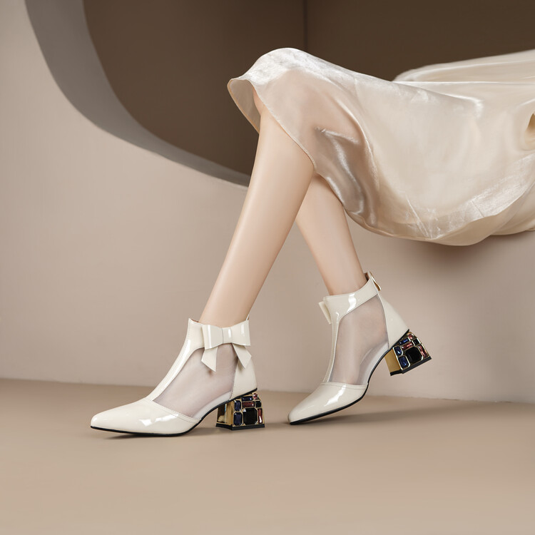 Patent Leather Pointed Toe Chunky High Heel Sandal Boots