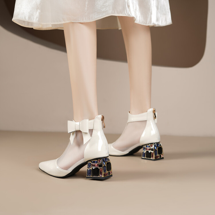 Patent Leather Pointed Toe Chunky High Heel Sandal Boots