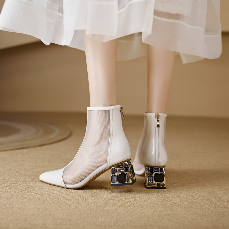 Women's Pointed Toe High Heel Sandals - Sheepskin Leather Chunky Heel Ankle Boots