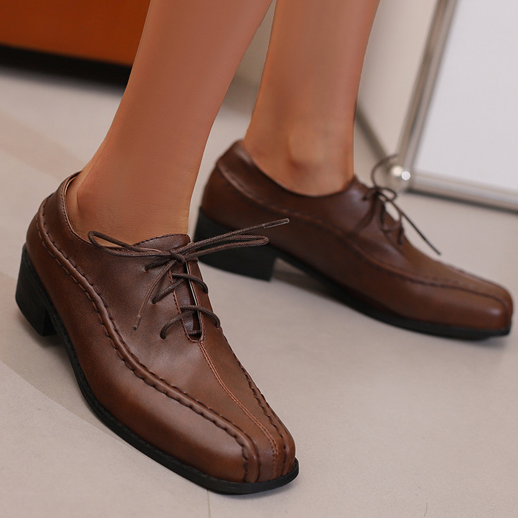 Women's Minimalist Lace-Up Round Toe Mid Chunky Heel Shoes Summer 2025