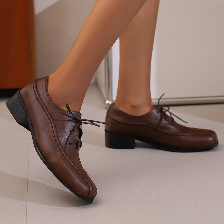 Women's Minimalist Lace-Up Round Toe Mid Chunky Heel Shoes Summer 2025