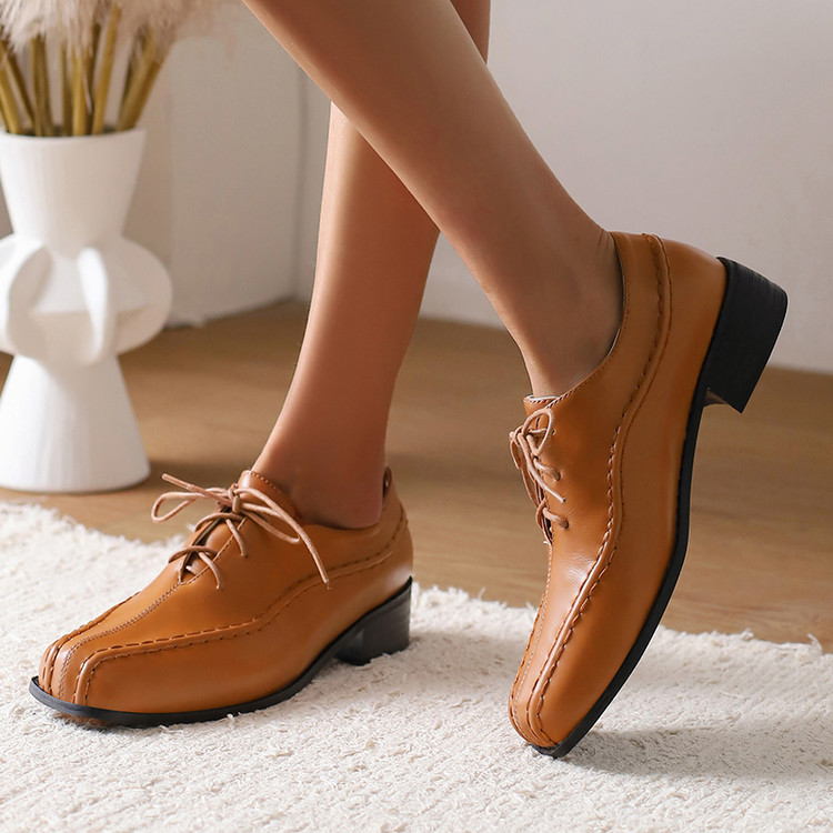 Women's Minimalist Lace-Up Round Toe Mid Chunky Heel Shoes Summer 2025