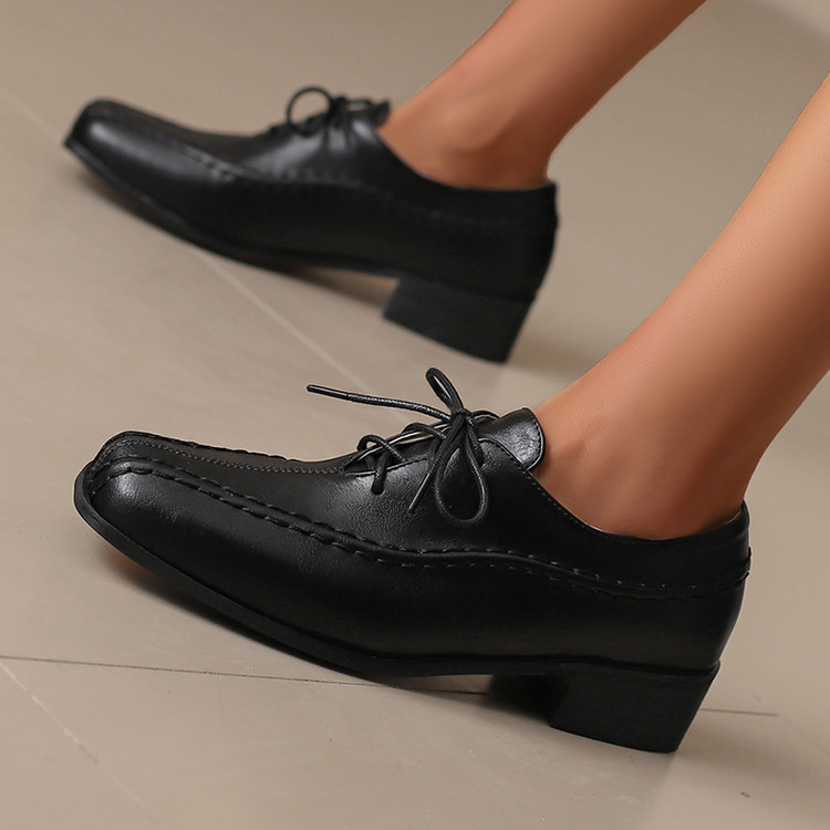 Women's Minimalist Lace-Up Round Toe Mid Chunky Heel Shoes Summer 2025