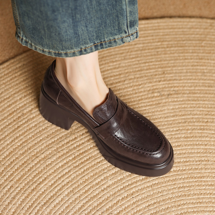Women's Leather Loafers with Platform Heel in Dark Brown or Black - Style s.html