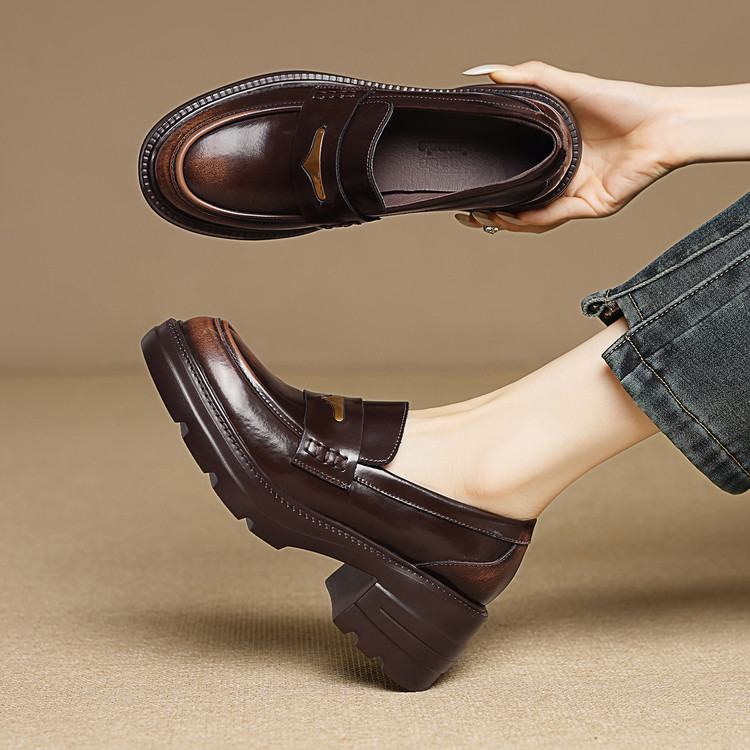 Women's Leather Loafers with Metal Detail and Platform Mid Heel - Style c.html