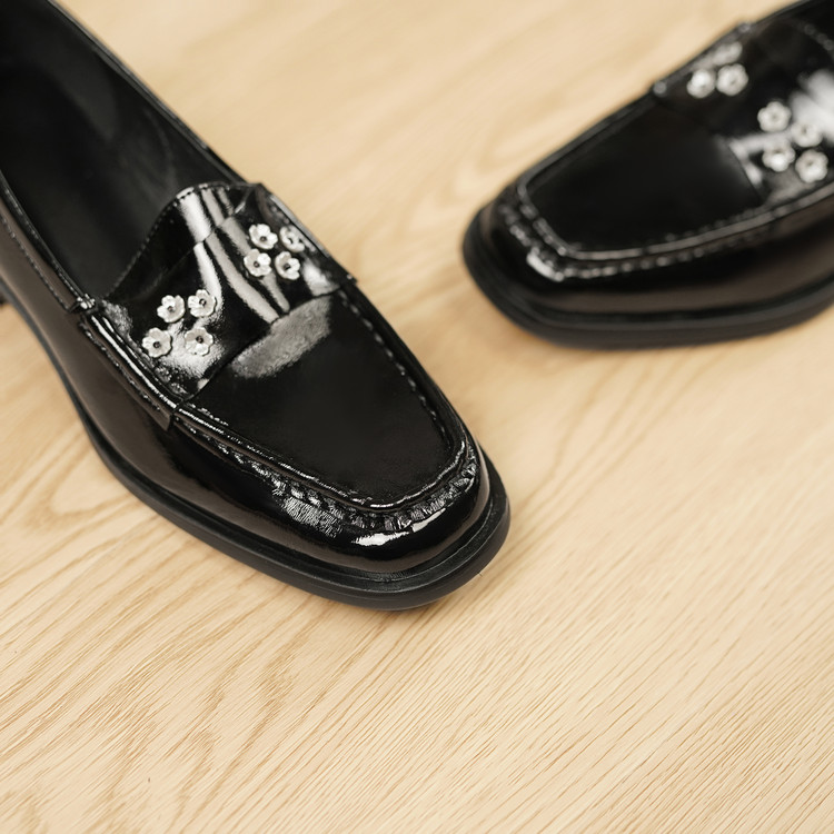 Women's Black Patent Leather Loafers with Floral Detail - 2025 Winter