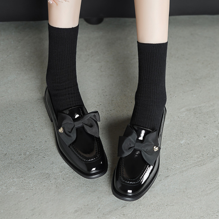 Women's Black Patent Leather Loafers with Bow Square Toe Mid Heel