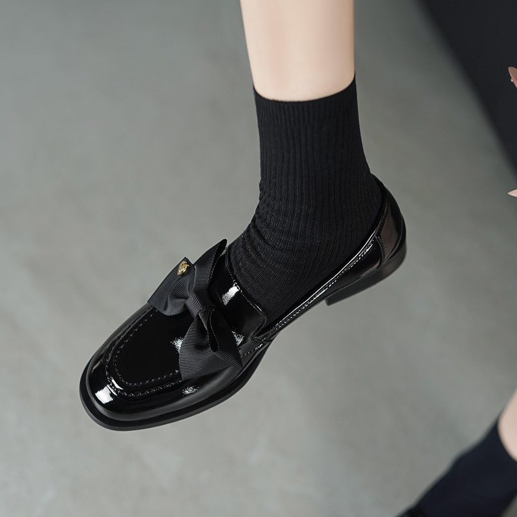 Women's Black Patent Leather Loafers with Bow Square Toe Mid Heel