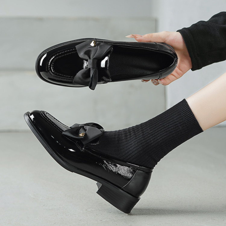 Women's Black Patent Leather Loafers with Bow Square Toe Mid Heel