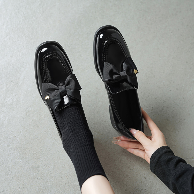 Women's Black Patent Leather Loafers with Bow Square Toe Mid Heel