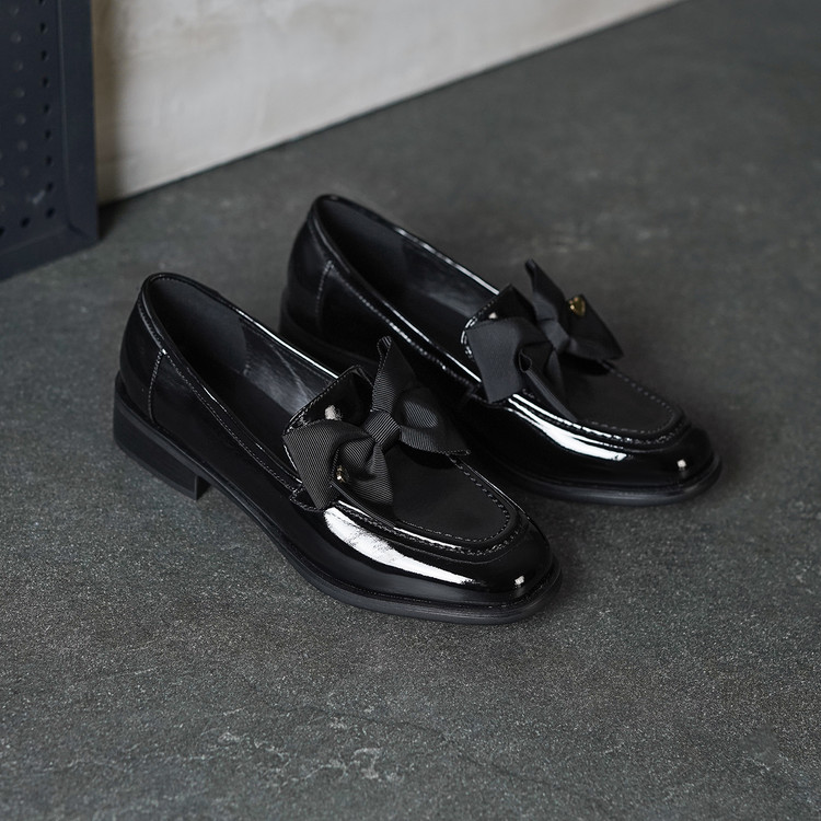 Women's Black Patent Leather Loafers with Bow Square Toe Mid Heel