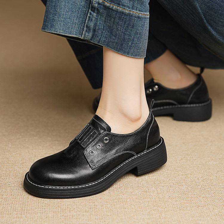 Women's Leather Loafers with Color Block and Chunky Mid Heel