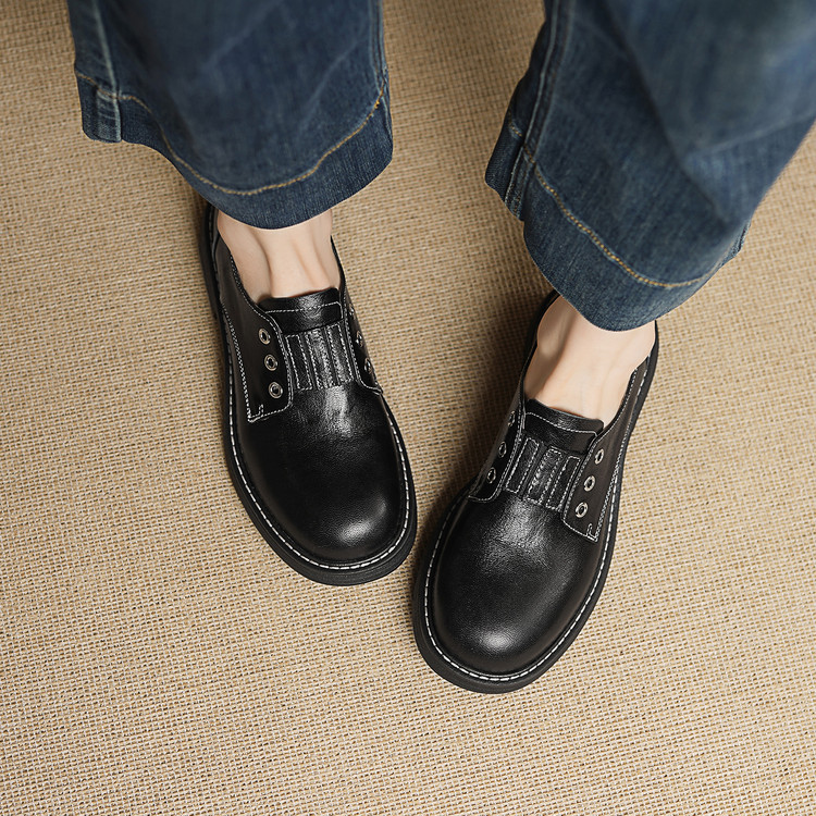 Women's Leather Loafers with Color Block and Chunky Mid Heel