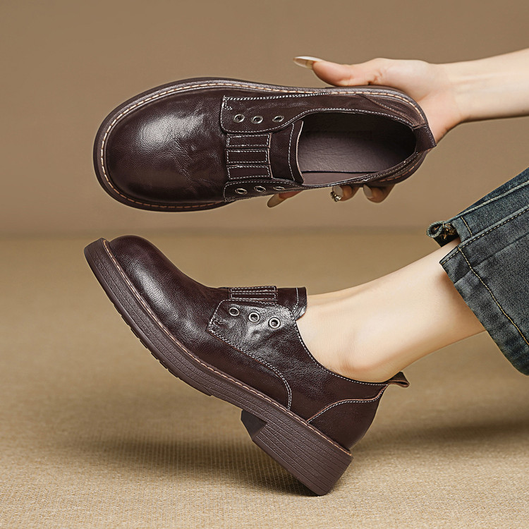 Women's Leather Loafers with Color Block and Chunky Mid Heel