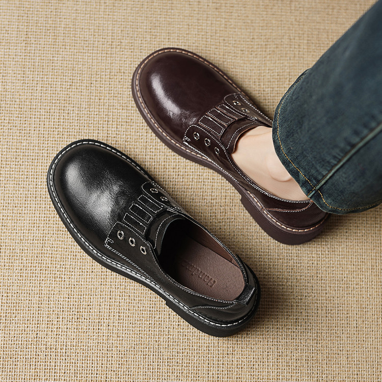 Women's Leather Loafers with Color Block and Chunky Mid Heel